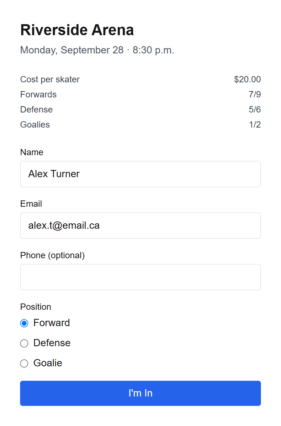 The public signup page where a player enters their name and email and taps I'm In