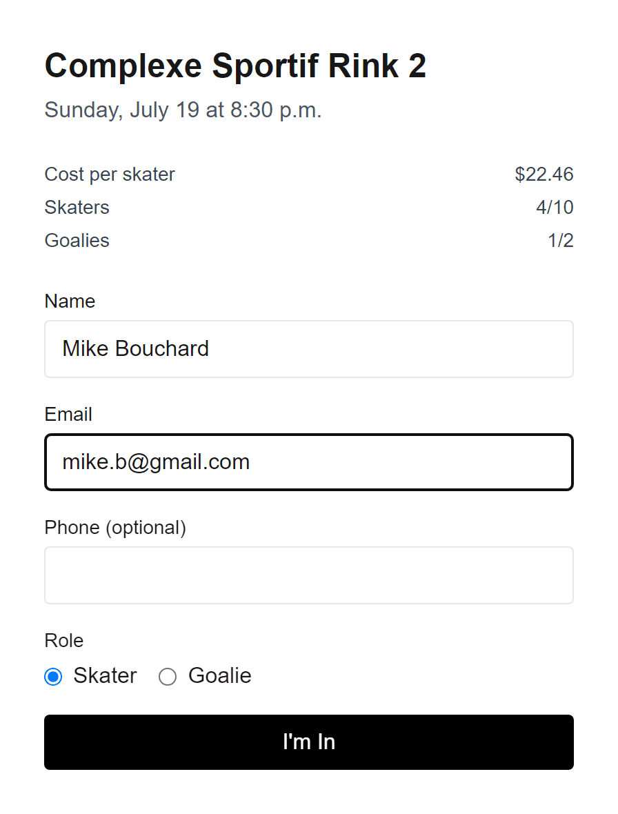 The public signup page where a player enters their name and email and taps I'm In