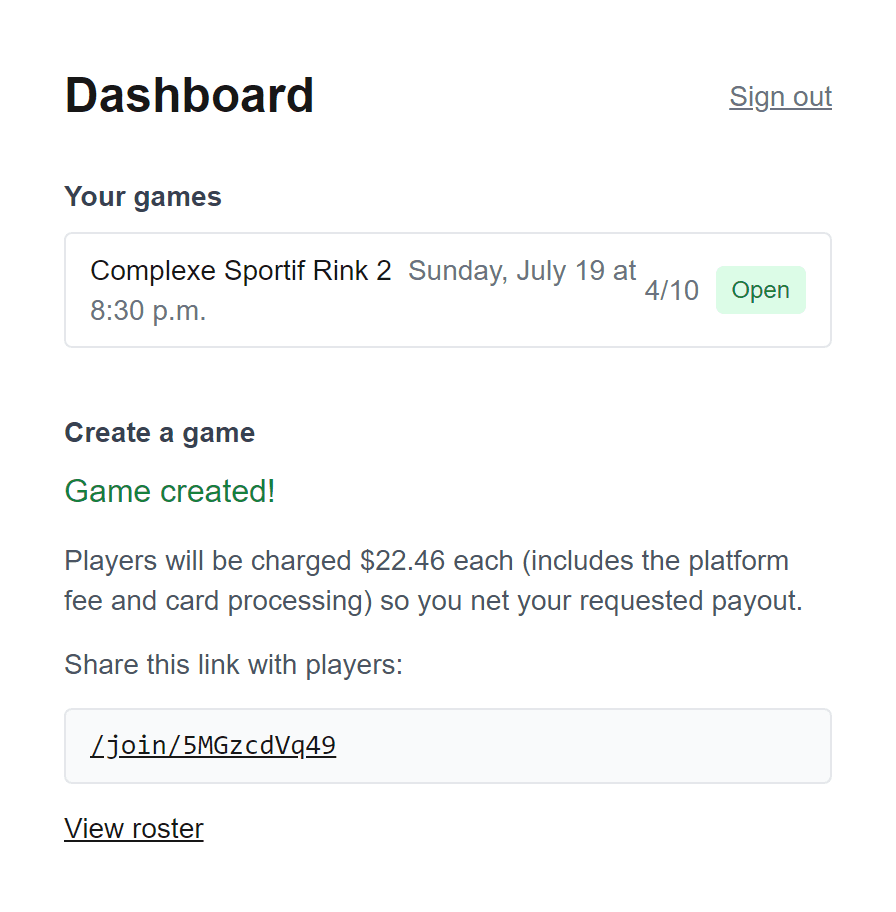 The game-created screen showing the share link ready to send to players